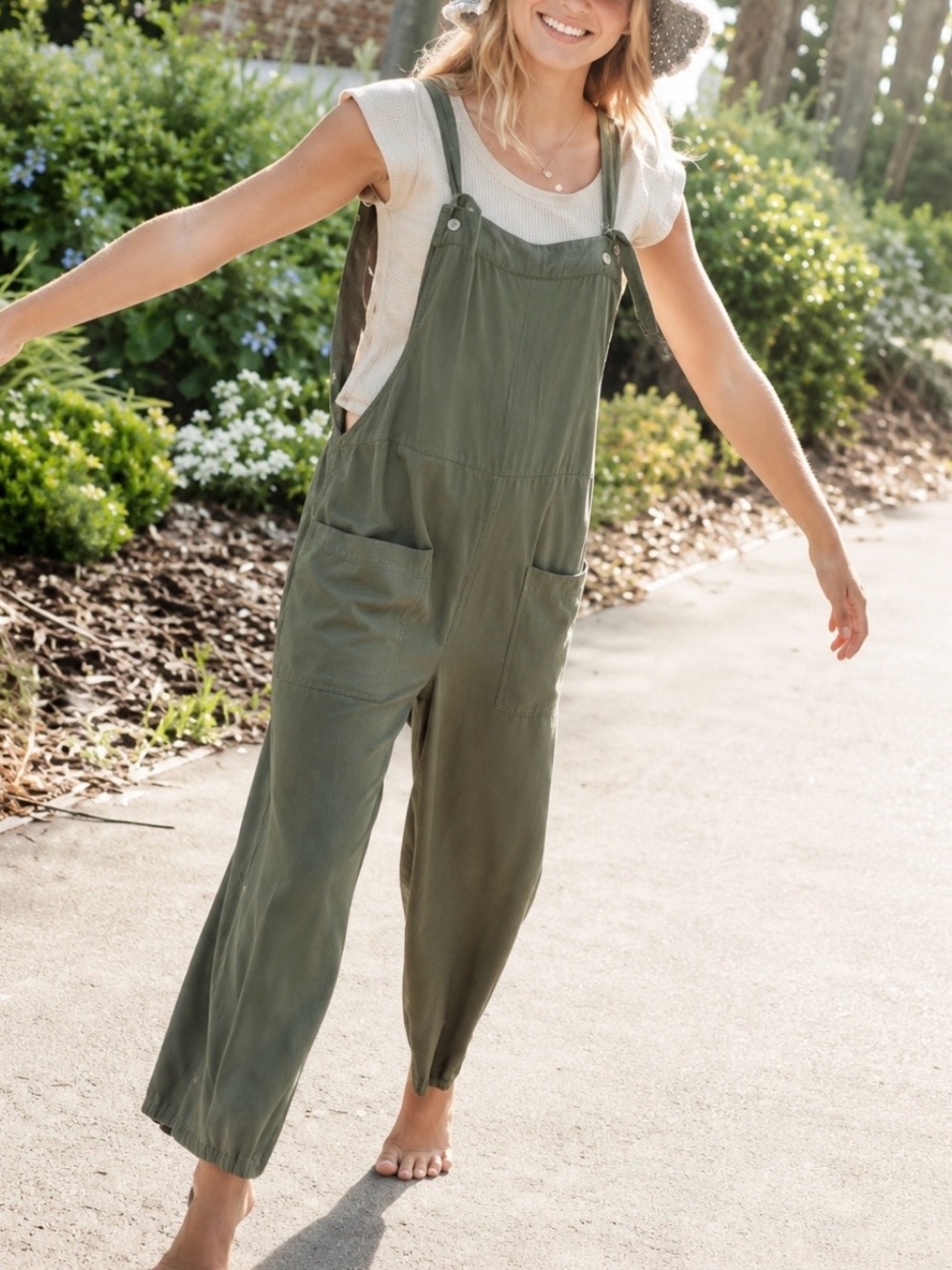 Natural Life Olive Green Linen Blend Wide Leg Jumpsuit Overalls Boho Lagenlook M